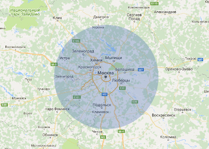 Зона бесплатного обслуживания по клубным картам для Москвы - до 50 км от МКАД