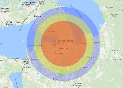 Зона бесплатного обслуживания от административных границ городов - 75 км, 100 км и 125 км